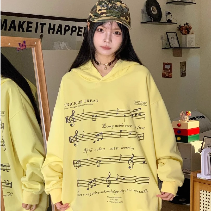 国潮oversize音乐连帽卫衣女早秋冬宽松慵懒风bf百搭休闲薄款外套