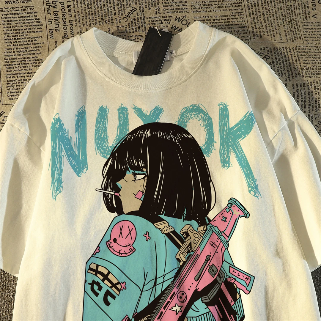 2024新款夏季美式情侣宽松重磅日系复古动漫印花纯棉短袖t恤男女