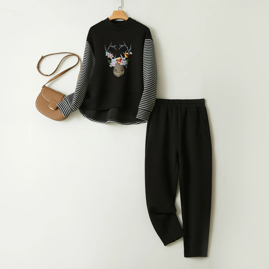 特！线下829！精致亮片绣花！休闲空气层~圆领卫衣印花套装女L70698