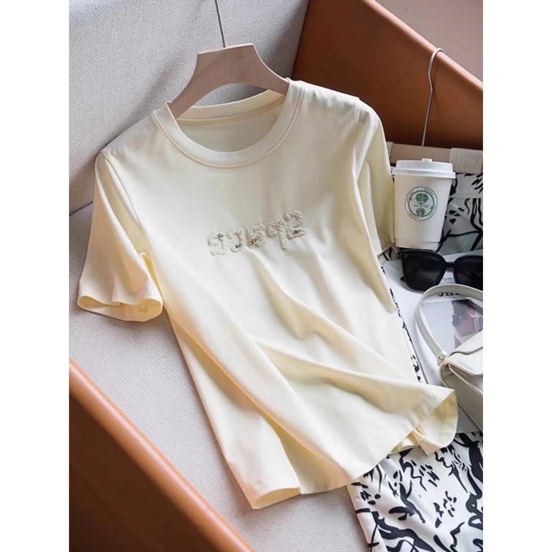 特！线下28&9！高支爽滑棉！立体珠绣~暖色圆领休闲短袖T恤 L41129