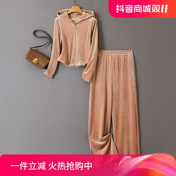 特！门店499！牛奶丝绒~气质范儿连帽宽松阔腿休闲套装女 L70608