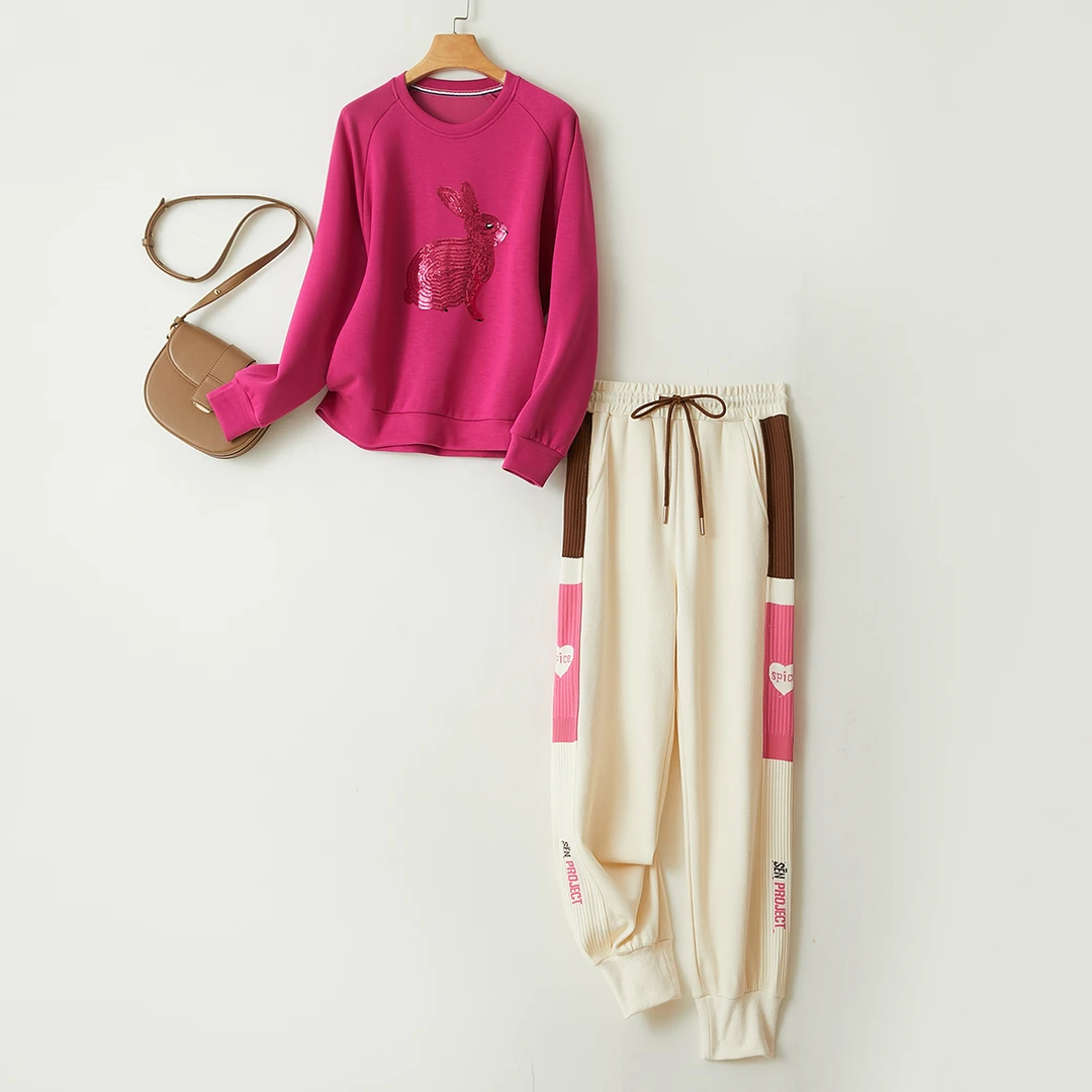 特！门店6&8&9！重工亮片！洋气减龄圆领简约时尚休闲女式套装L71492