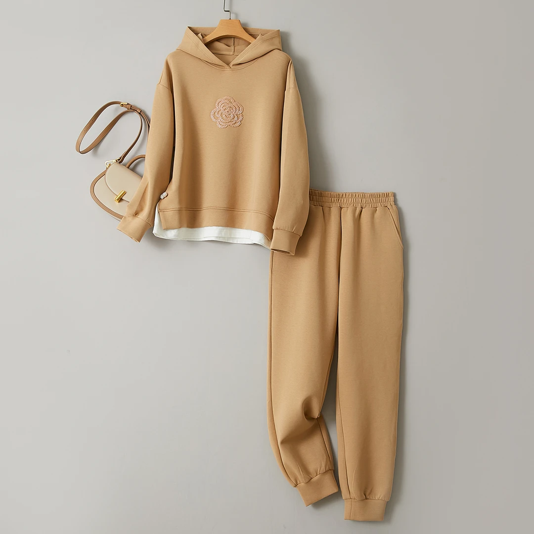 特！线下49&9！立体山茶花！腰侧钉珠设计~连帽运动女式套装L71380