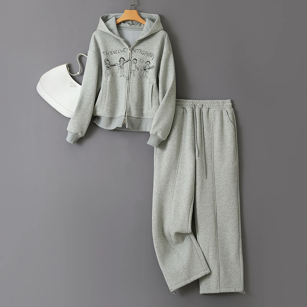 特！线下57&9！休闲舒适！时尚感~加绒加厚印花设计女式套装L71193