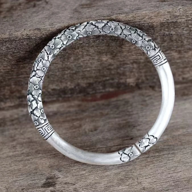 足银手镯 【艺银阁】足银999手工梅花金箍棒浮雕大气实心个性手镯
