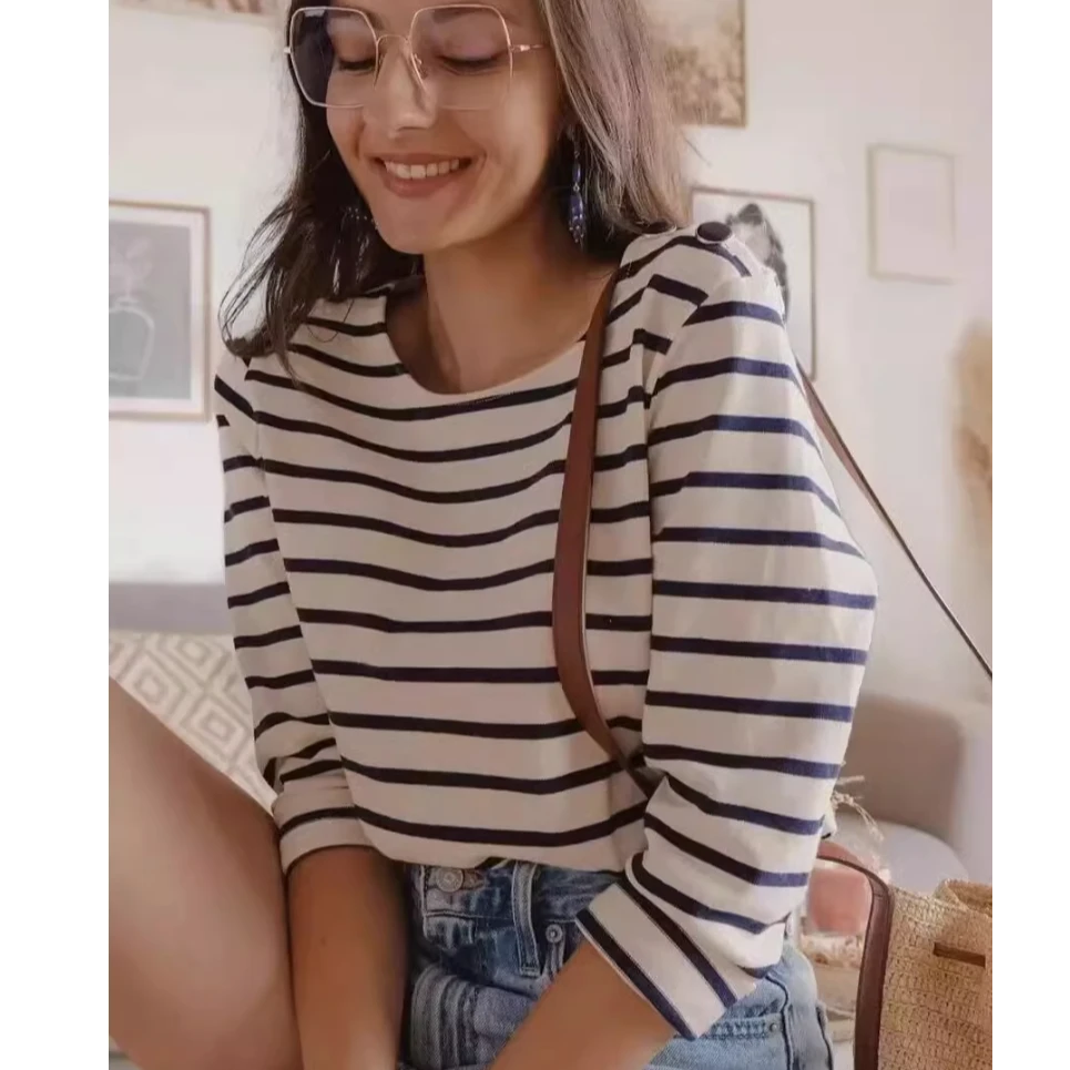 墙裂推荐！法式小众SE经典水洗有机棉舒适挺阔长袖条纹T恤针织衫