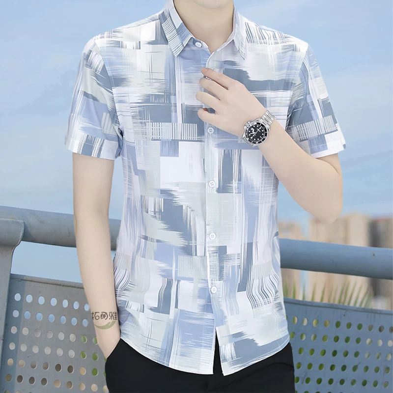 拓丽雅印花短袖衬衫男士夏修身青年休闲寸衫百搭韩版潮流衬衣