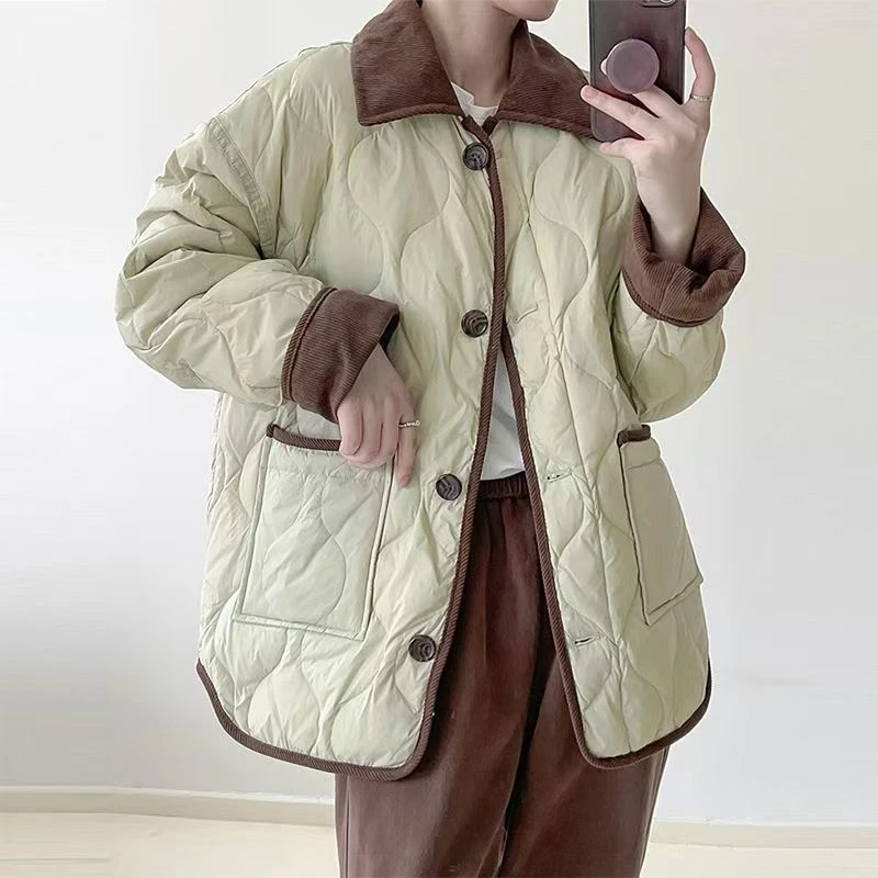 2024年小香风棉衣女韩版宽松棉服菱形格秋冬新款棉服小个子棉袄