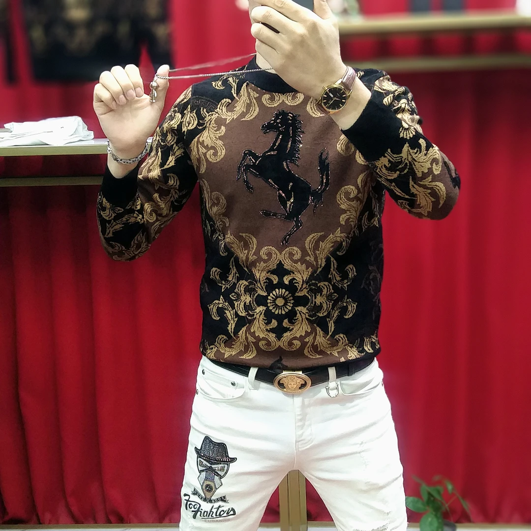 男士秋冬新款潮流时尚帅气百搭战马修身圆领长袖针织毛衣打底9957