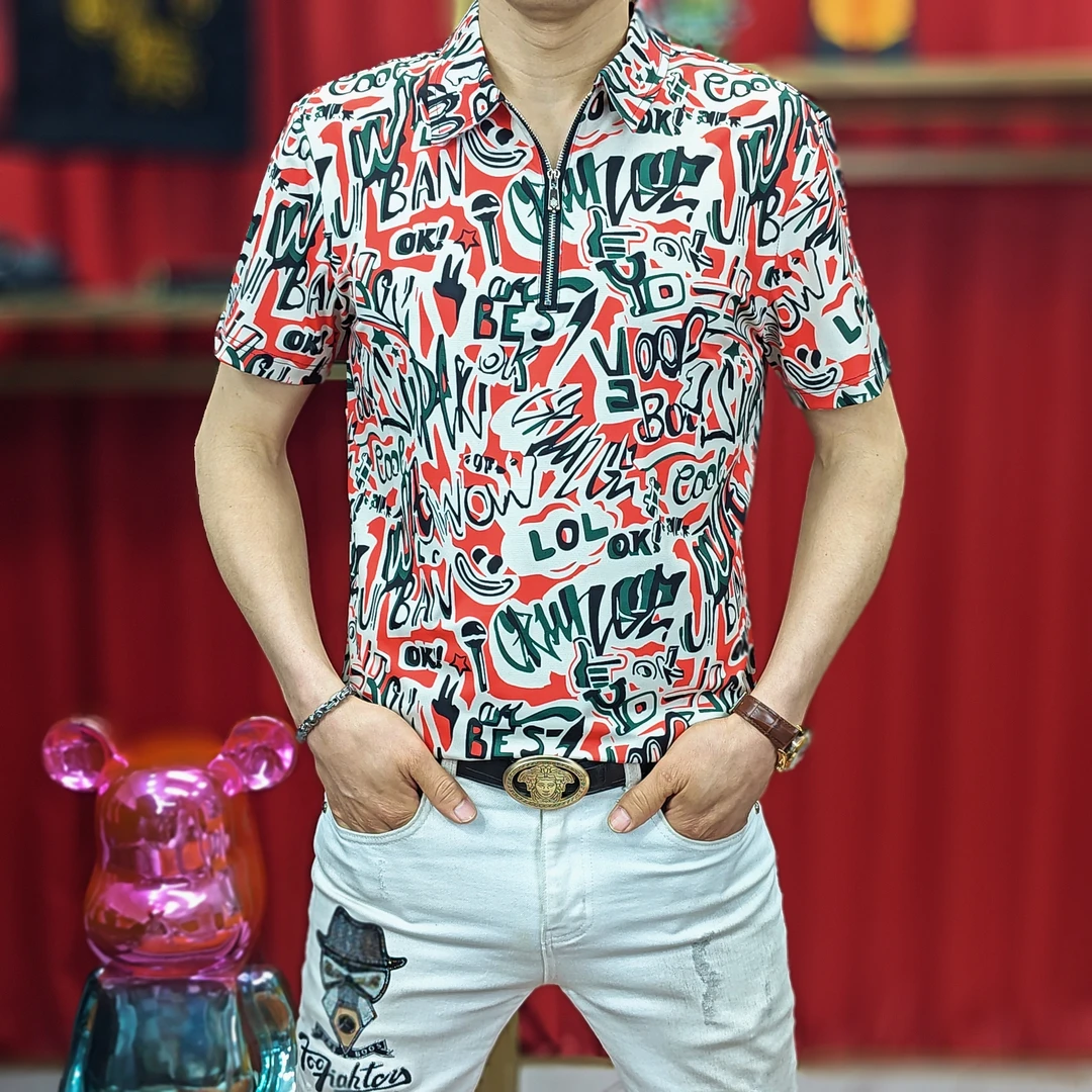 2024夏季新款时尚字母印花衬衣修身韩版男士百搭翻领短袖T恤潮706