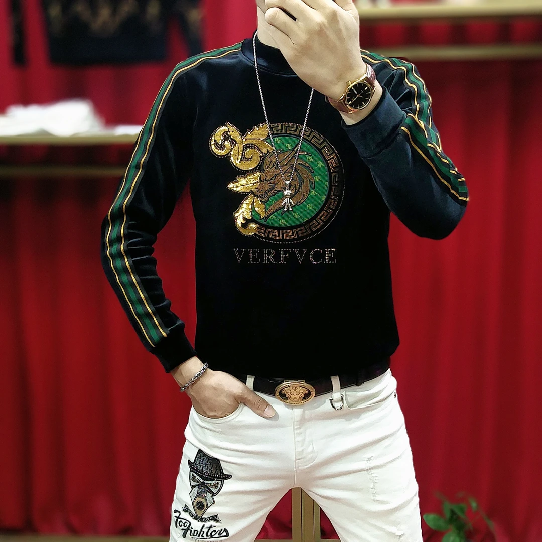 男士秋冬季新款时尚潮流刺绣加绒卫衣百搭圆领修身保暖长袖9