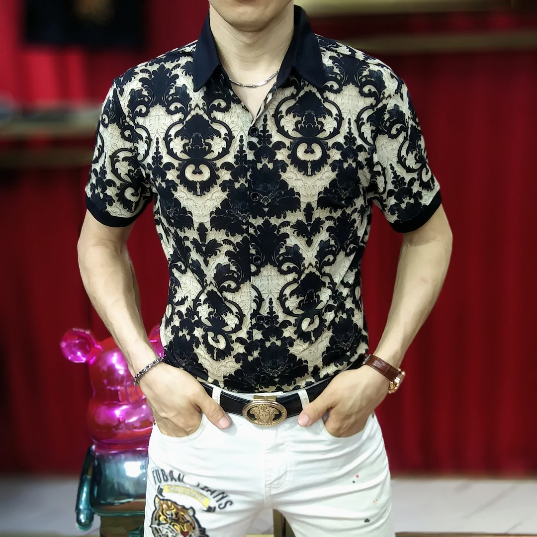 男装上衣夏季时尚休闲翻领提花短袖男士衬衫网红百搭个性半袖上衣
