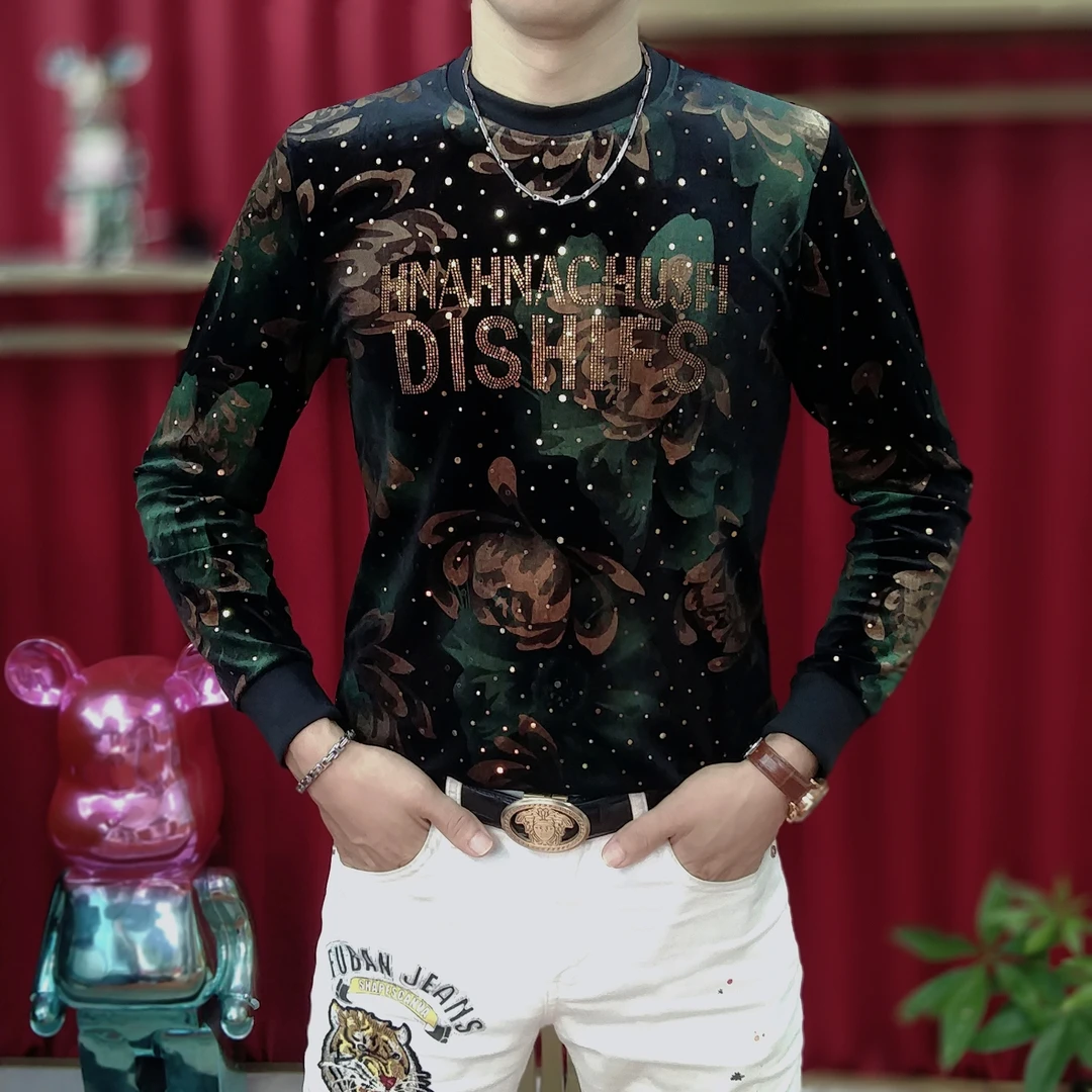 时尚休闲轻奢男士秋冬莲花帅气烫钻打底潮流修身百搭长袖圆领卫衣