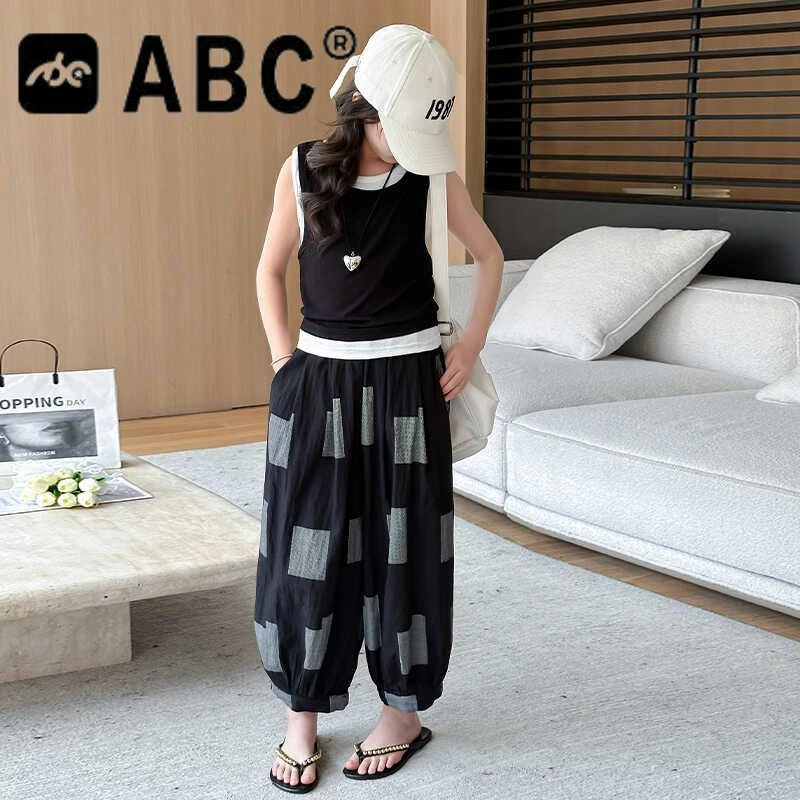 ABC女童套装夏装2024新款洋气女大童夏季休闲背心儿童防蚊裤子两