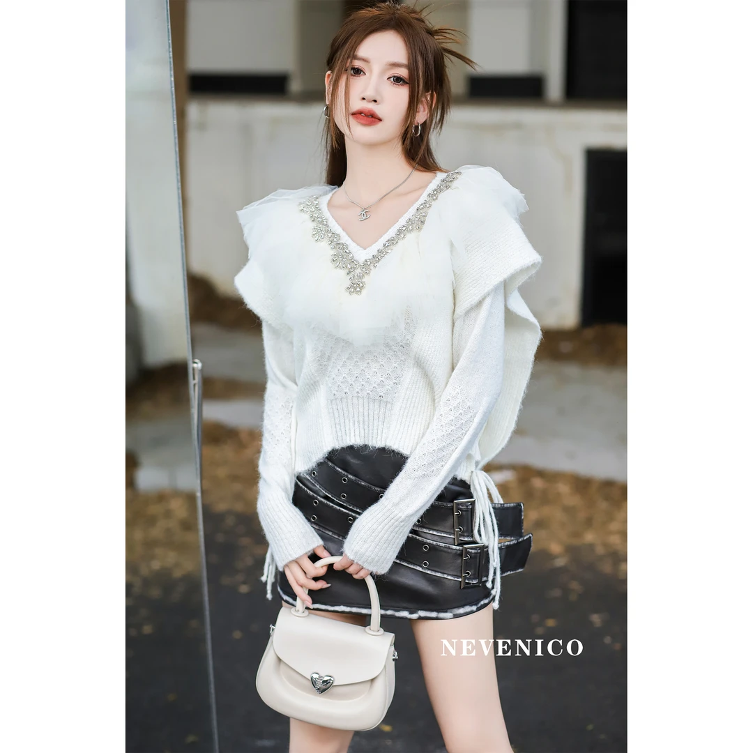 【小呆鸟专享】水钻V领荷叶边网纱系带毛衣 NN2312018