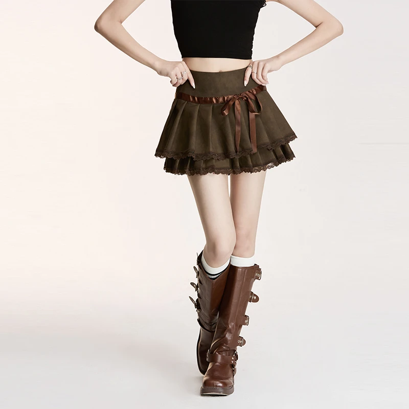 【小呆鸟专享】NEVENICO 蕾丝花边系带百褶PU半裙NN2410025