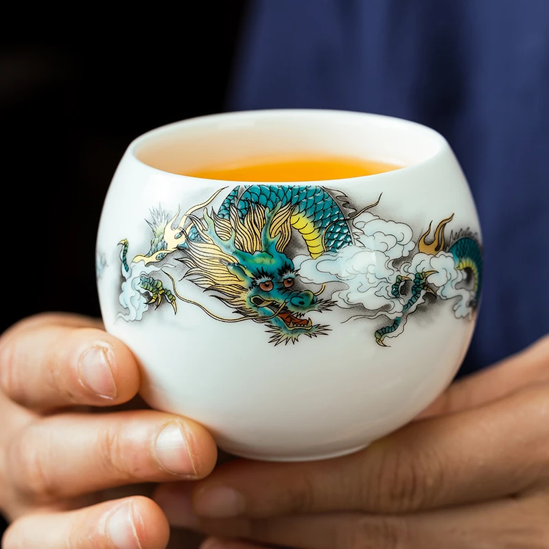 白瓷中式陶瓷主人杯喝水家用品茗杯羊脂玉龙蛋大容量大号青龙杯