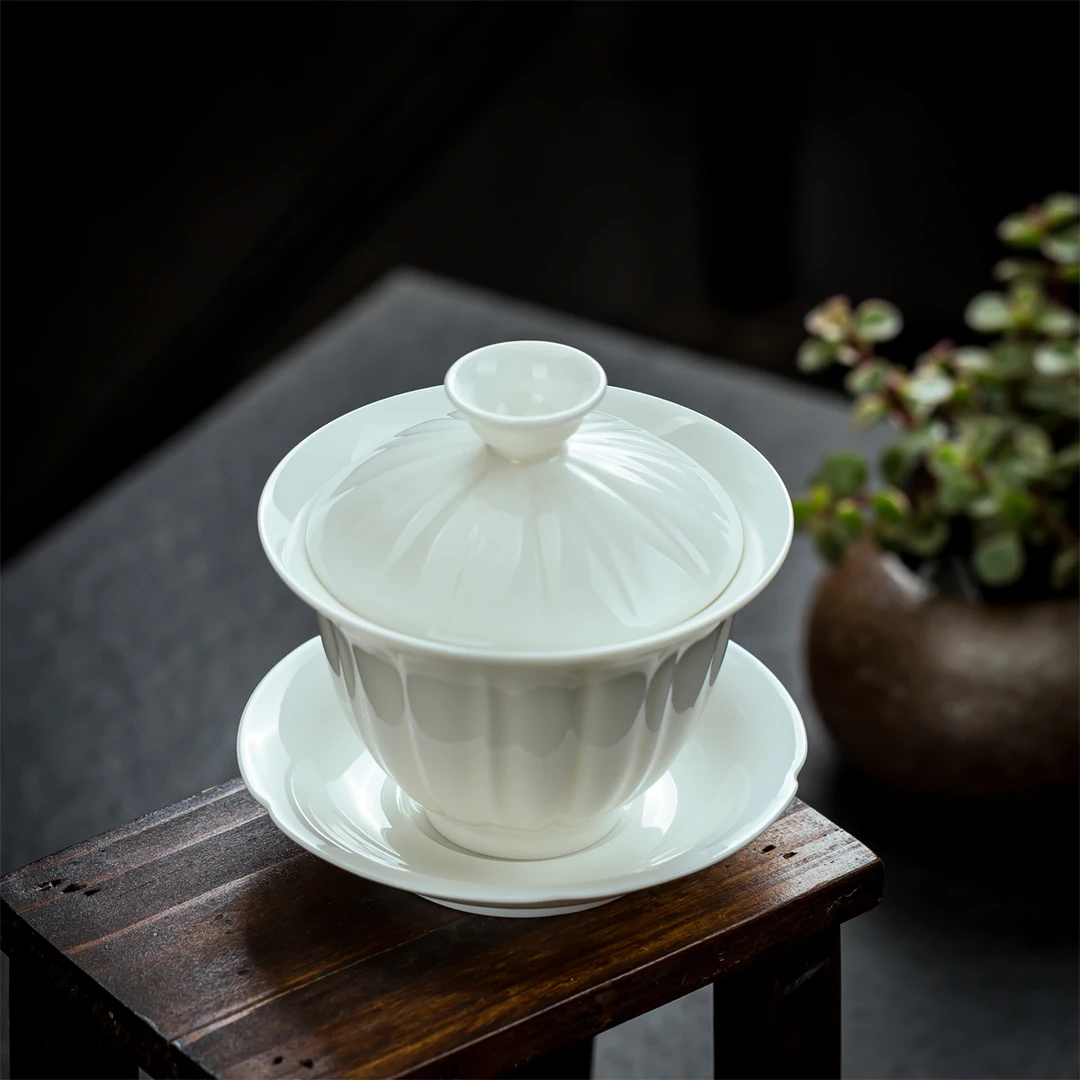 茶具泡茶专用盖碗陶瓷高档简约纯白泡茶中式素烧羊脂玉三才瓷白瓷