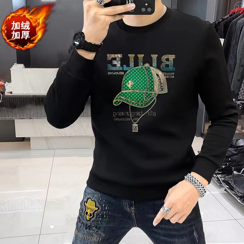 男士卫衣2025新款春秋冬季加绒长袖T恤圆领欧美潮牌流烫钻欧洲站