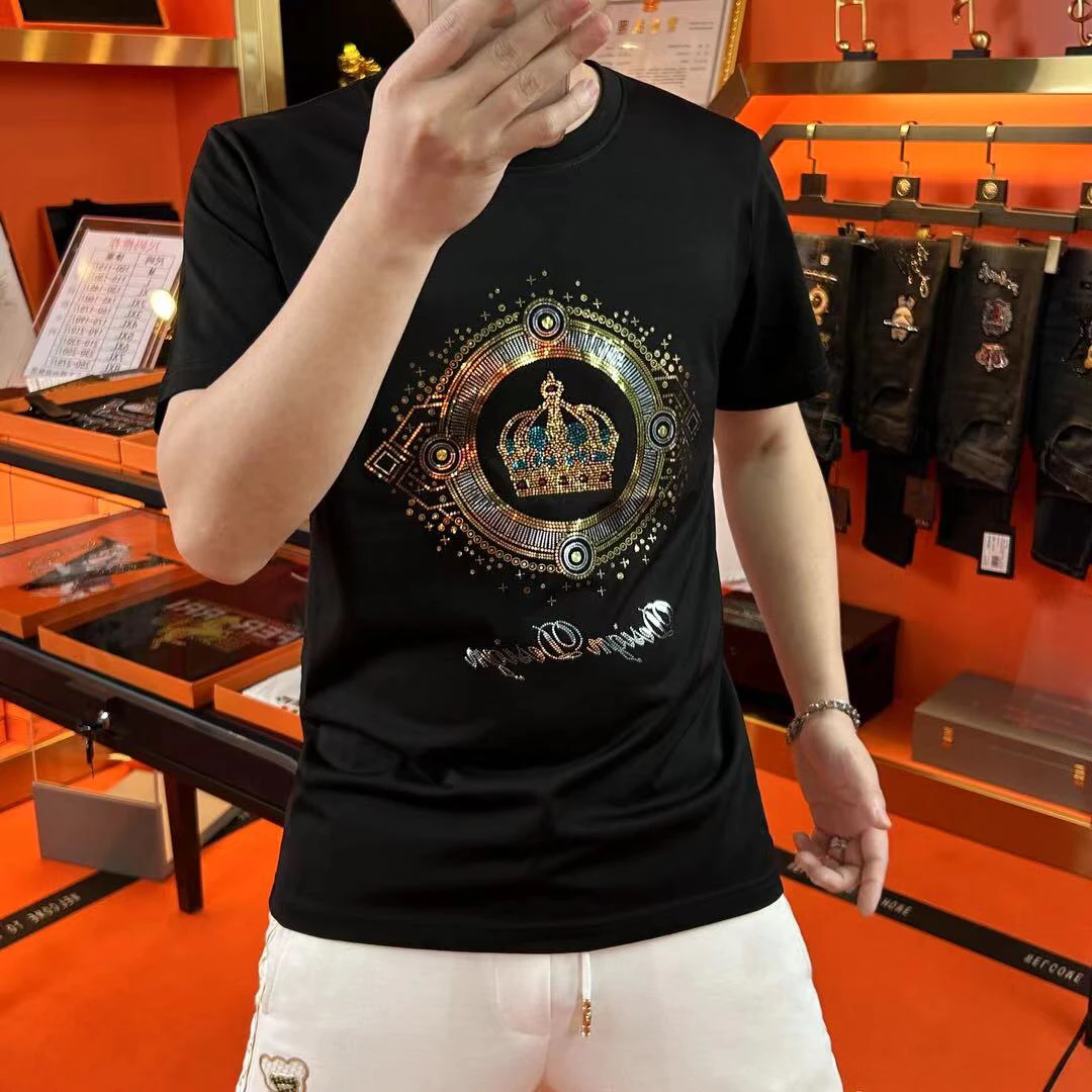 2025夏季新款时尚潮牌短袖t恤男欧洲站圆领纯棉烫钻休闲百搭半袖