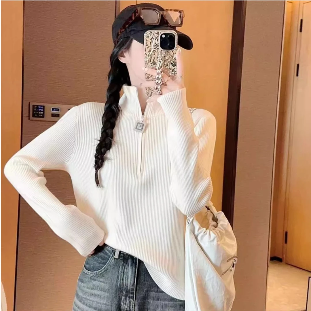 【现货】韩版气质半高领打底衫女2023冬新款显瘦拉链针织时尚毛衣