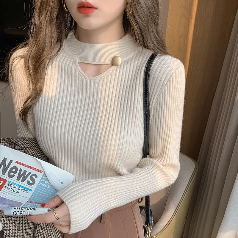 半高领镂空针织衫设计感打底衫女新款秋冬内搭显瘦毛衣高级感上衣