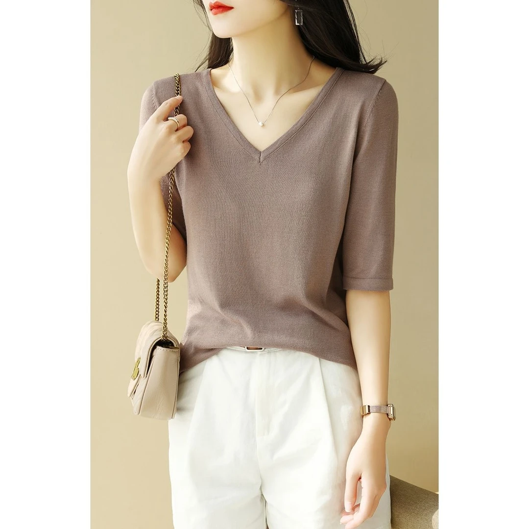 大码冰丝针织衫短袖T恤女夏装新款百搭宽松V领纯色打底上衣薄外穿