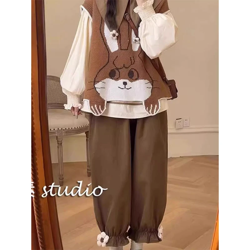 2023年秋季新款茶系时髦可爱灯笼袖上衣别致卡通兔子马甲阔腿裤女