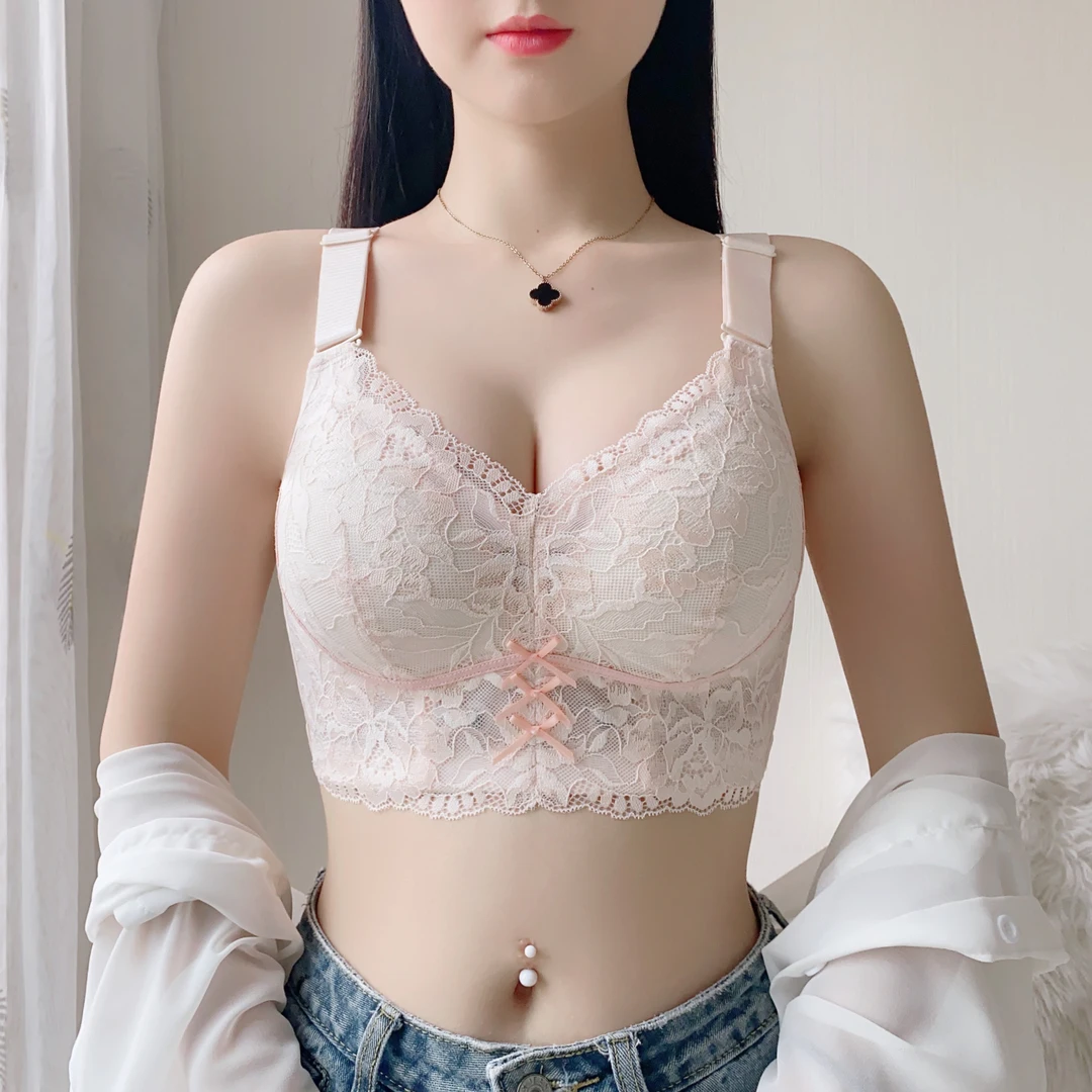 性感无钢圈大胸显小收副乳聚拢防外扩轻薄透气内衣薄款夏季蕾丝