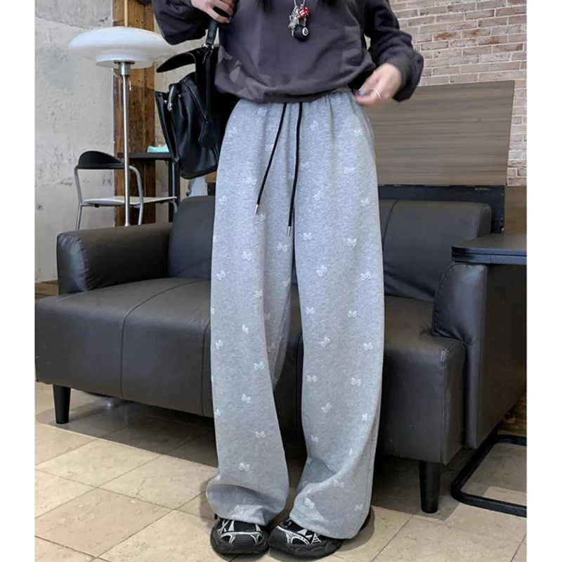 蝴蝶结印花休闲裤女春秋季新款韩系高腰显瘦抽绳阔腿拖地长裤卫裤