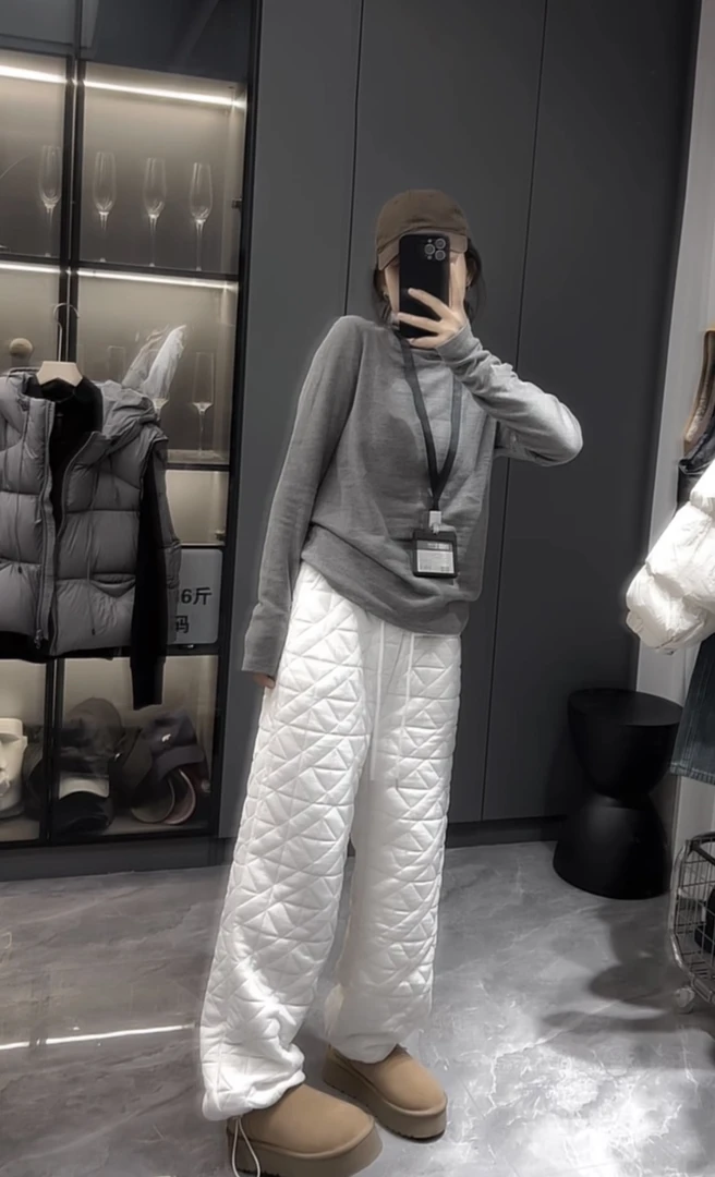 2024冬季新款菱格压线夹棉阔腿裤女宽松显瘦保暖收口休闲裤007