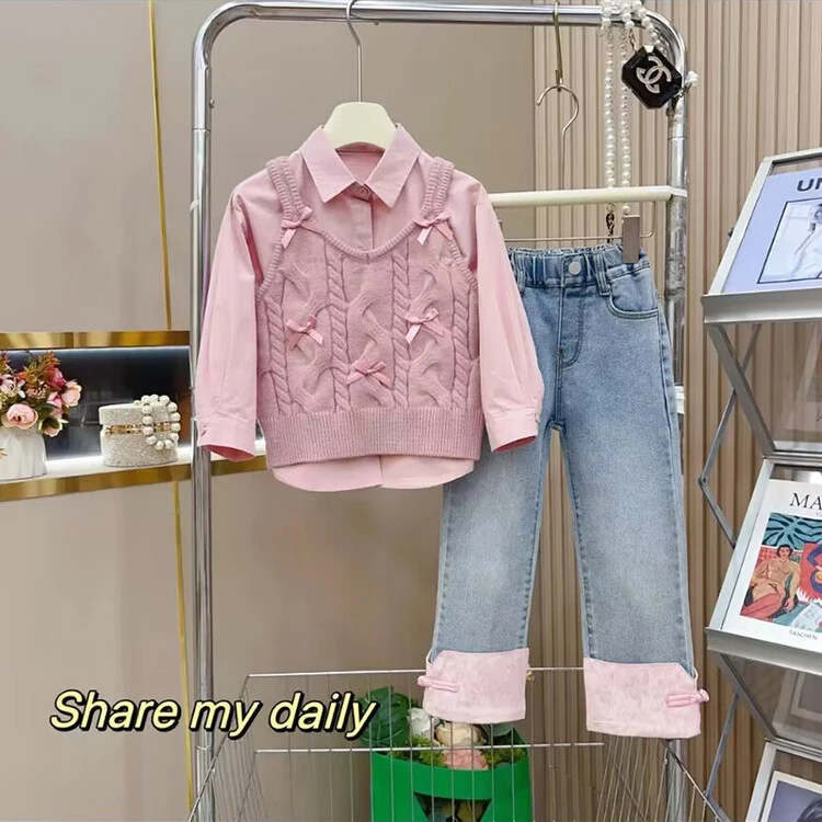 女童秋季秋款针织马甲洋气衬衫套装
