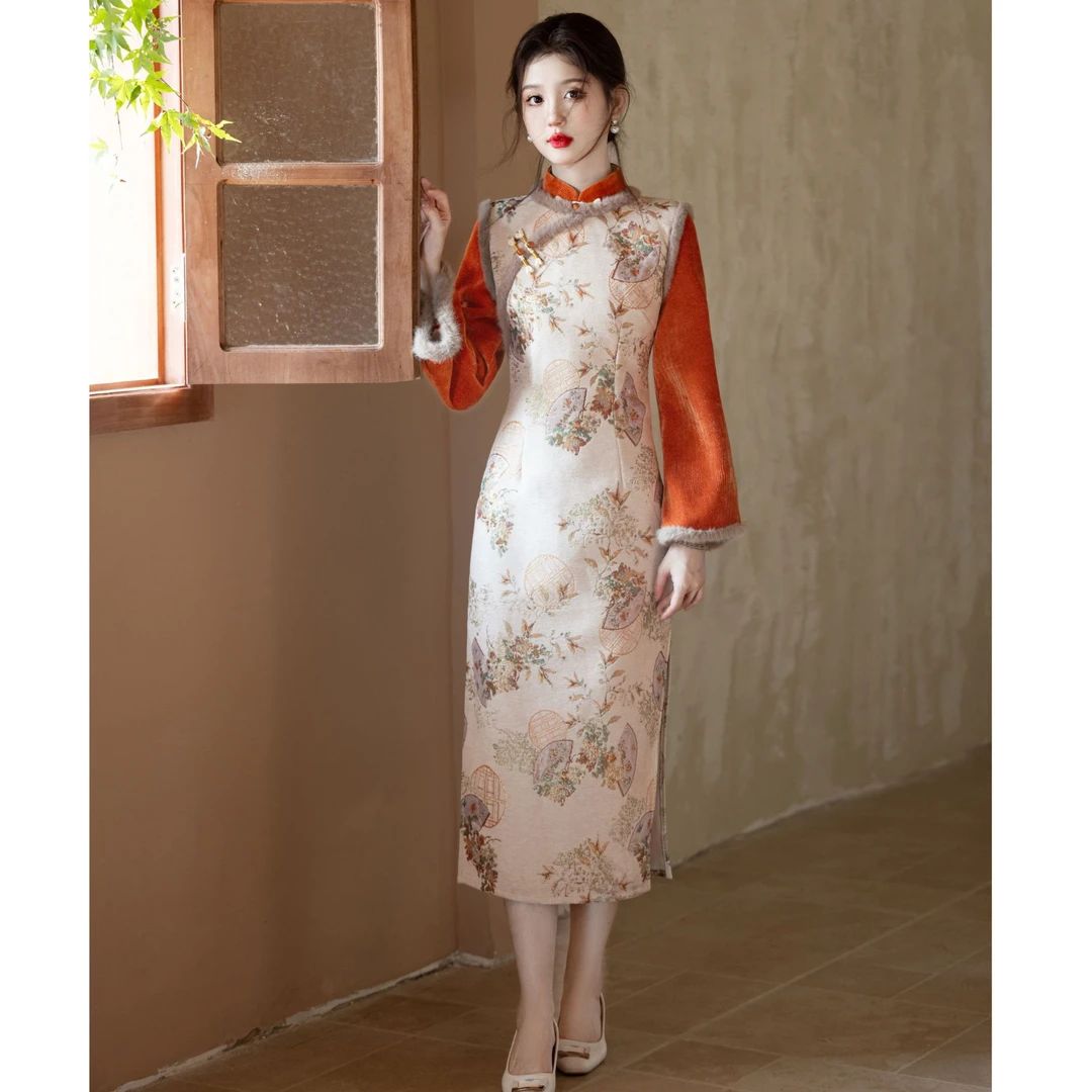 锦绣/S-3XL 雪尼尔加绒冬季2024新款假两件中国风复古提花旗袍