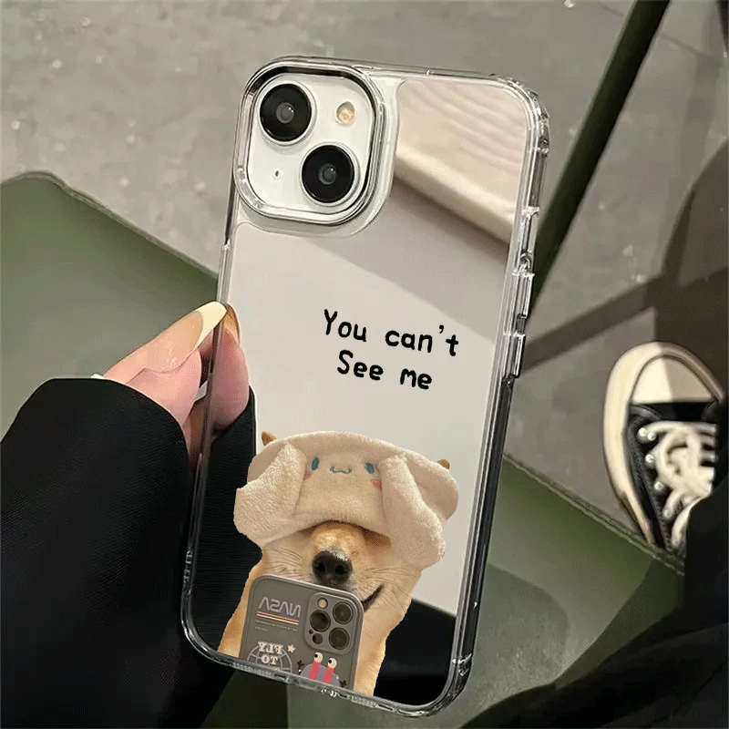 潮款狗狗16适用苹果13ProMax镜面手机壳16苹果15防摔12镜子壳xs