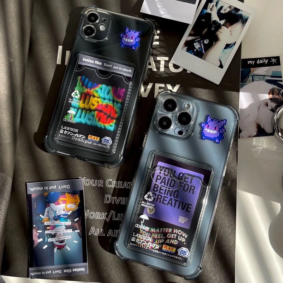 ins风透黑卡套小怪兽适用iPhone15Promax手机壳14放照片13pro卡通