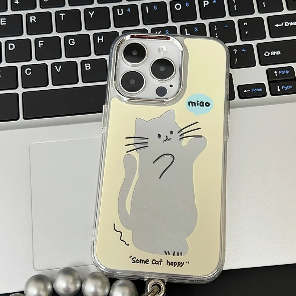 可爱猫咪补妆镜面适用苹果手机壳15创意11简约新小众13带镜子14pr