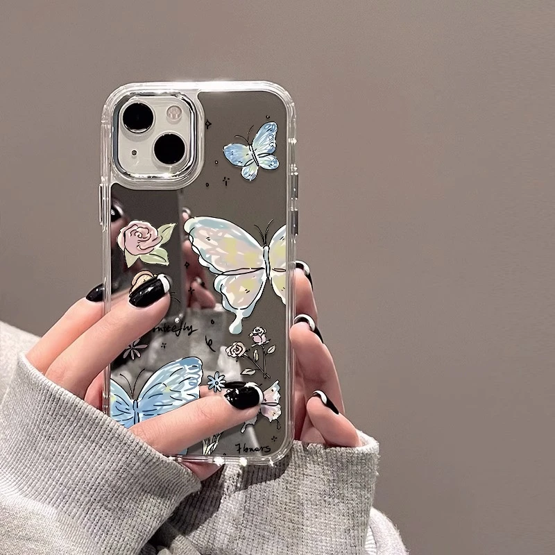 花蝴蝶适用苹果镜面手机壳iphone15promax创意14镜子13新款16外壳