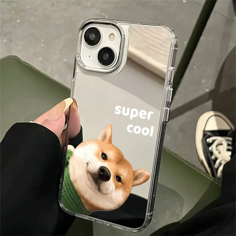 可爱柴犬适用苹果镜面手机壳15镜子套14小众13新款16高档外壳包邮
