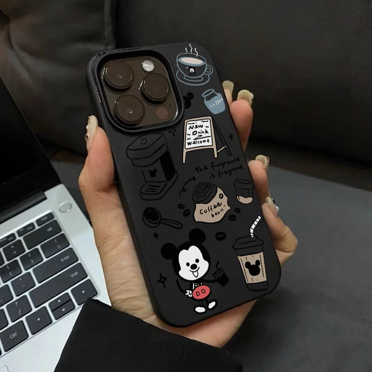 线条米奇咖啡适用苹果磨砂手机壳15网红14可爱iphone13全包女创意