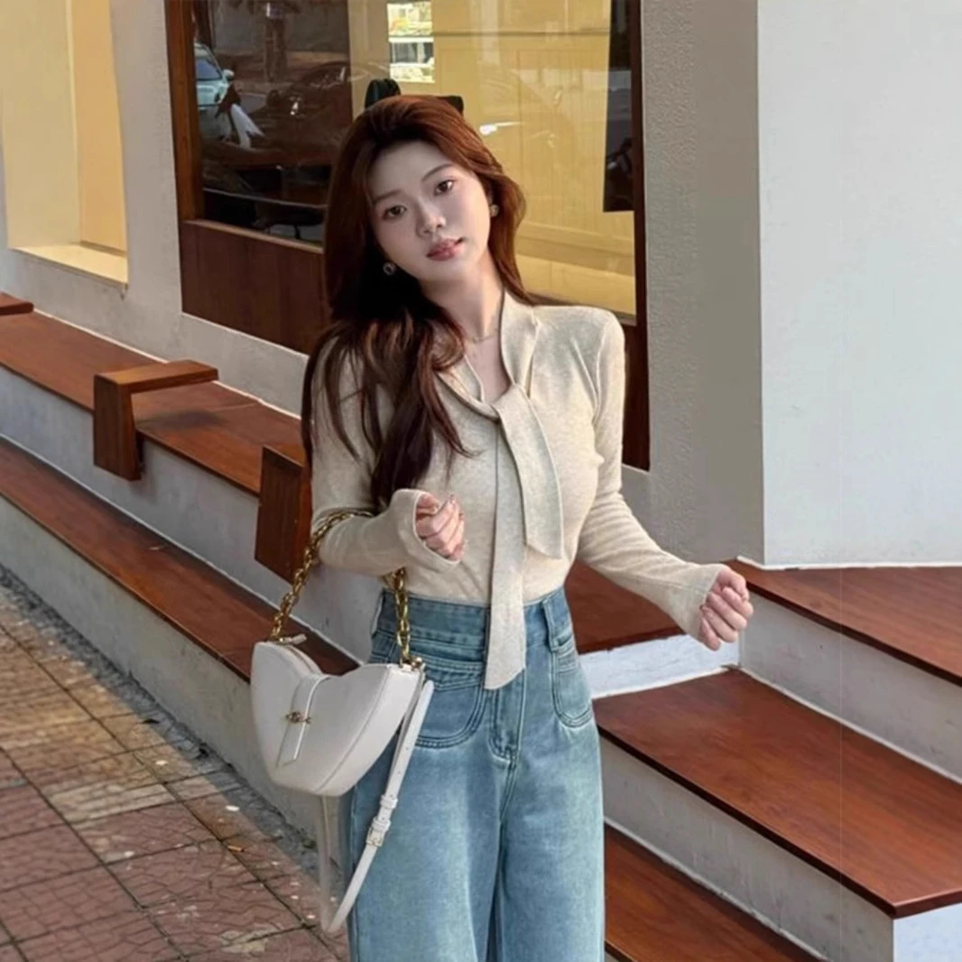 纯欲辣妹别致飘带V领长袖针织衫女秋冬季高级感显瘦内搭打底上衣