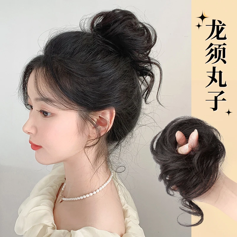 点砚真发龙须丸子头假发发圈女后脑勺盘发懒人发包自然仿真花苞头