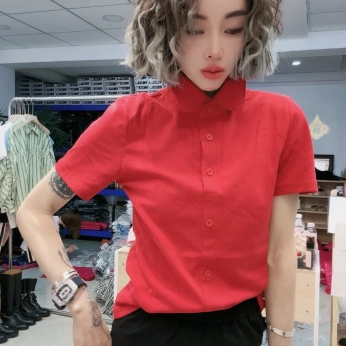 发财鸥家  红色衬衫领短袖