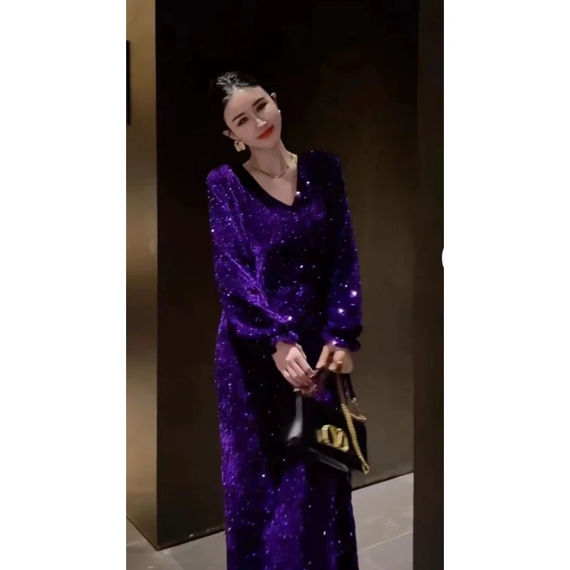 XJM21性感百搭时尚亮片连衣裙女早秋新款收腰显瘦v领洋气宽松裙子