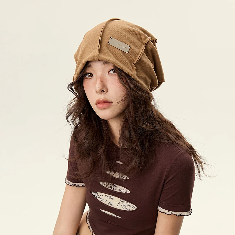 美式复古卡其色铁标堆堆帽子女显脸小素颜街头休闲包头冷帽头巾帽