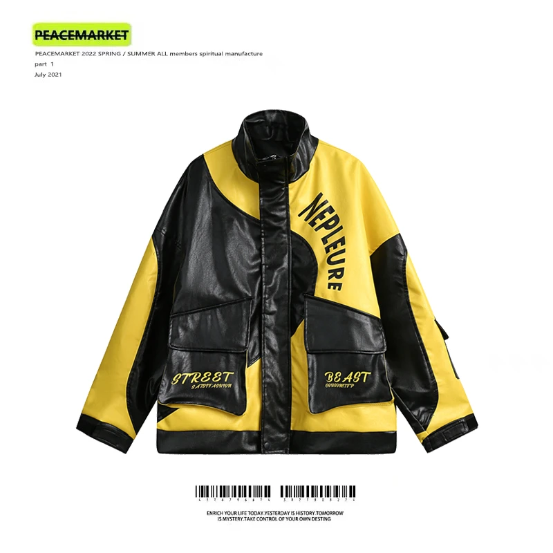 PEACEMARKET 欧美街头撞色拼接PU皮外套潮牌机车风oversize夹克衫