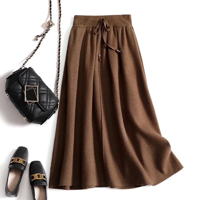 休闲运动风米色针织半身裙女秋冬2022新款欧货绑带高腰a字大摆裙