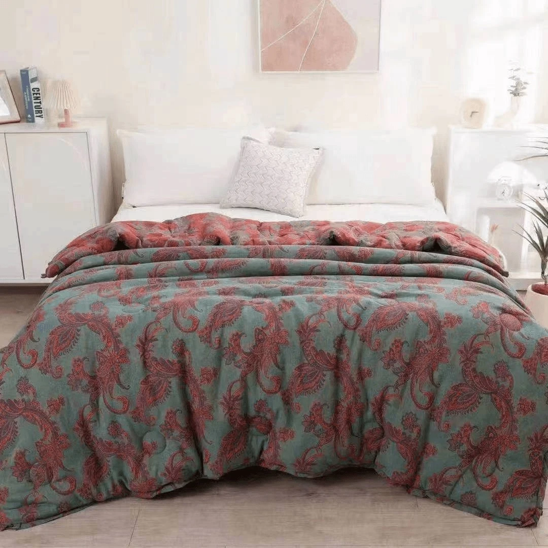 【凤尾-四件套】复古纯棉双层纱复古红绿双面色织柔软亲肤床品