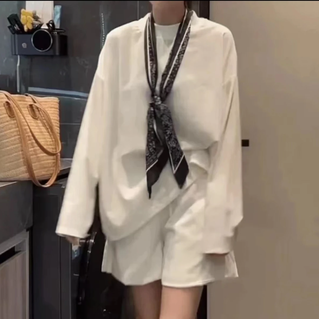 【囍多米专属】百搭休闲三件套气质宽松显瘦简约体恤短裤丝巾#782