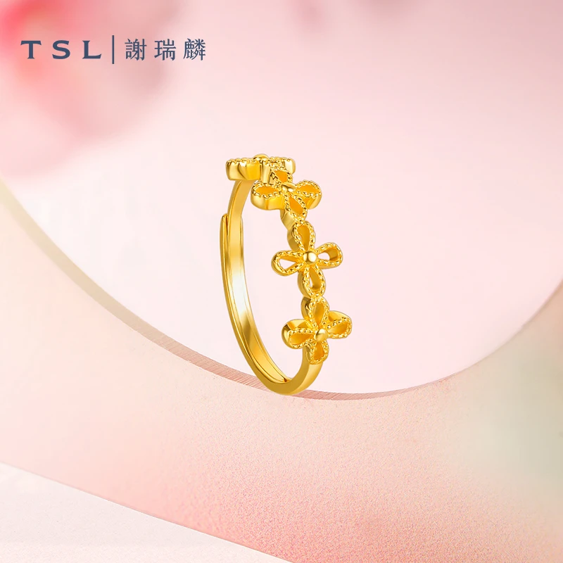 TSL谢瑞麟黄金开口戒指复古国潮花型十字花女XL033(工费580元)