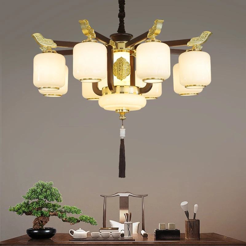新中式全铜实木吊灯国风禅意大气客厅灯餐厅卧室灯别墅复式楼灯具